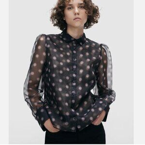 EUC H&M Studio Black Pink Organza Polka Dot Blouse with Puffed sleeves